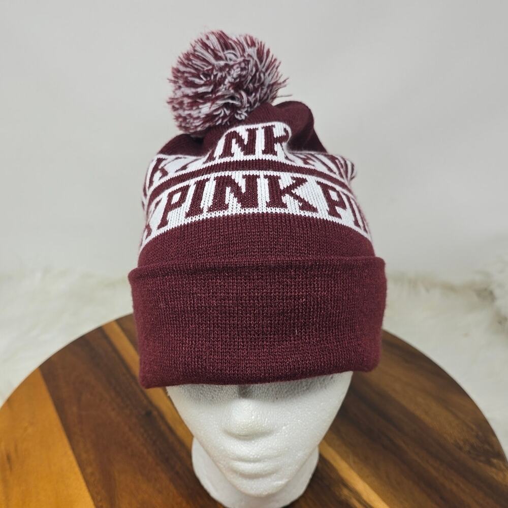 Victoria Secret Pink Maroon White Pom Pom Winter Warm Beanie OSFM